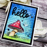 Blue night-sky card with the dashed background inked over the panel, a red toadstool, and the words 'hello MY FRIEND' in black.