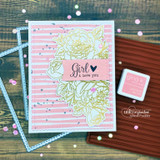 Soft pink card with wonky stripes behind outlined florals and "Girl, I love you."