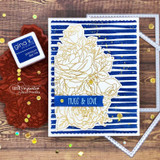 Navy wonky-striped card behind a gold-embossed US map and "true & love."