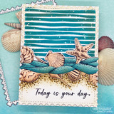 Coastal card with blue stripes behind stamped seashells and "Today is your day."