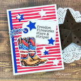 Patriotic card with red-and-blue stripes behind a cowboy boot, "freedom fireworks stars & stripes."