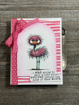 Pink wonky-striped card behind a colored flamingo with a retirement-humor sentiment.