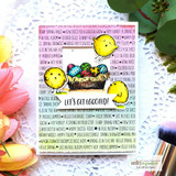 Card with a pink-toned spring word background and a nest of chicks with colored eggs and 'Let's get eggcited!'