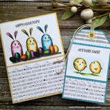 Cards with a spring word background and Easter bunnies and chicks with 'Happy Easter Peeps!' and 'Hey there chick!'