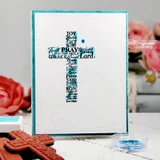 Card with a word-art cross built from faith words over a teal-edged panel.