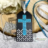 Navy tag with the word-art cross and a die-cut floral border.