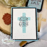 Card with the aqua word-art cross and 'By His wounds we are healed' on a soft speckled panel.