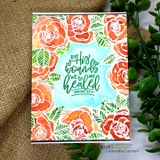 Card with the 'By His wounds we are healed' sentiment framed by bright orange stamped roses.