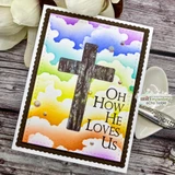 Card with a rustic wooden cross over a rainbow cloud sky and 'Oh how He loves us.'