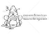 Line-art stamp sheet: Jeanie Hays' honey-pot bee gnome with 'always gonna bee here for you' and 'thanks for bee-ing so sweet' red rubber stamps, Unity Stamp Co.