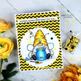 Jeanie Hays' bee-winged gnome holds a honey pot with 'always gonna bee here for you,' a red rubber friendship stamp shown on a card.