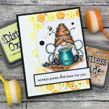 Jeanie Hays' bee-winged gnome holds a honey pot with 'always gonna bee here for you,' a red rubber friendship stamp shown on a card.