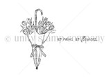 Uncolored red rubber umbrella-of-flowers stamp, 'no rain, no flowers.'
