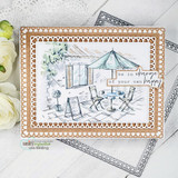 Sketchy café awning and bistro scene, 'be in charge of your own happy,' on a lacy frame.