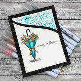Teal umbrella spilling tulips, 'no rain, no flowers,' on a black-framed white card.