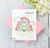 Small card with a blue-striped rainbow and clouds, 'hello my friend.'