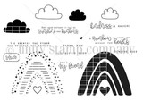 Red rubber stamp sheet of solid and dot-and-stripe rainbows, fluffy clouds, hearts and sentiments like 'kindness is magical' and 'the greater the storm the brighter the rainbow.'