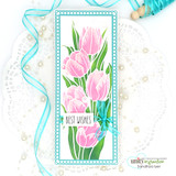 Slimline pink tulips in a scalloped frame, 'Best Wishes.'