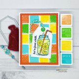 Bright checkerboard card with the lemonade jar on a tag, 'let's just chill.'