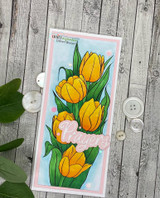 Slimline card of yellow and pink tulips colored with the Layering Tulip stencil