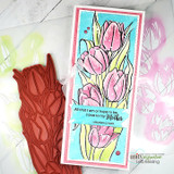 Pink tulips over a blue background stenciled with the Layering Tulip stencil and a sentiment for a mother