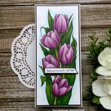 Purple tulips layered with the Layering Tulip stencil and 'there are no words, just love'