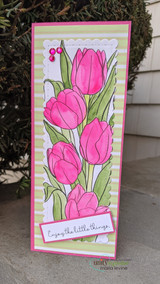 Pink tulips slimline card made with the Layering Tulip stencil