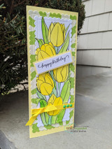 Yellow tulips card with the Layering Tulip stencil and 'happy birthday'