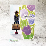 Purple stenciled tulips behind a traveling girl silhouette and 'tomorrow will bring brighter days'