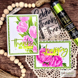 Bright pink tulips and 'thanks so much' made with the Layering Tulip stencil