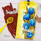 Blue tulips tag with the Layering Tulip stencil and 'blessed'