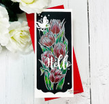 Layered tulips in a black frame made with the Layering Tulip stencil and 'Hello'