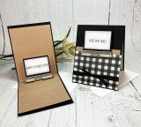 Two easel style cards, one kraft and one black gingham, each with a small stamped laptop reading virtual hugs or happy Father's Day on the screen.