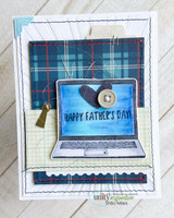 Layered blue plaid and grid card with a hand colored denim blue laptop, a small fabric heart, a button and happy Father's Day! on the screen.