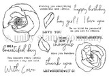 Red rubber stamp sheet with two full open blooms and leaf stamps, surrounded by friendship sentiments including 'You are wonderful', 'hey girl!', 'miss you bunches', 'With Love' and 'Be as kind to yourself as you are to others'.