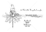 Black and white stamp sheet of a gnome in a tall hat sitting on a daisy with a snail and ladybug, plus 'Let The Little Things Be Enough,' 'THE WORLD NEEDS more of you' and 'My Heart GROWS With Love FOR YOU.'