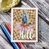 Honeycomb card with the gnome in a blue hat on a pink daisy, framed in blush with a white 'Hello.'