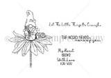 Black and white stamp sheet of a gnome in a tall hat sitting on a daisy with a snail and ladybug, plus 'Let The Little Things Be Enough,' 'THE WORLD NEEDS more of you' and 'My Heart GROWS With Love FOR YOU.'