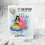 Card with the girl in a rainbow dress by a pink heart cake, 'It's your birthday, go celebrate girl.'