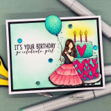 Card with the girl in a pink dress by a red heart cake and teal balloon, 'It's your birthday, go celebrate girl.'