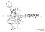 Black-and-white stamp of a stylish girl beside a tiered cake with a balloon and 'It's your birthday, go celebrate girl.'
