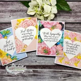 Handmade cards on blush floral papers with the sentiments 'Feel Better', 'With Sympathy' and 'Just a little note to say Thank you'.