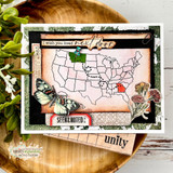 Handmade card featuring a United States map, the sentiment 'I wish you lived next door', a butterfly and a 'Seen & Noted' tag in vintage tones.