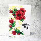 White card with red coloured poppies and green leaves in the corners and 'HAPPY mom day' stamped at the lower right.