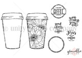 A red rubber stamp set of floral to-go coffee cups with coffee-and-faith sentiments.