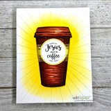 Handmade card featuring the floral and plain to-go coffee cups, glowing on a sunburst background, stamped with 'Saved by Jesus, fueled by coffee'.