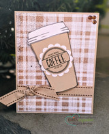 Handmade card featuring the floral and plain to-go coffee cups, in cozy plaid tones, stamped with 'Hello Beauty'.