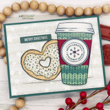 Handmade card featuring the floral and plain to-go coffee cups, layered with hearts and washi, stamped with 'Saved by Jesus, fueled by coffee'.