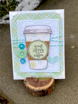 Handmade card featuring the floral and plain to-go coffee cups, on notebook-lined paper, stamped with 'Good ideas start with coffee'.