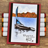 Card featuring the sailboat on blue water with an autumn tree line, sentiment 'Wherever you are, you will always be in my Heart'